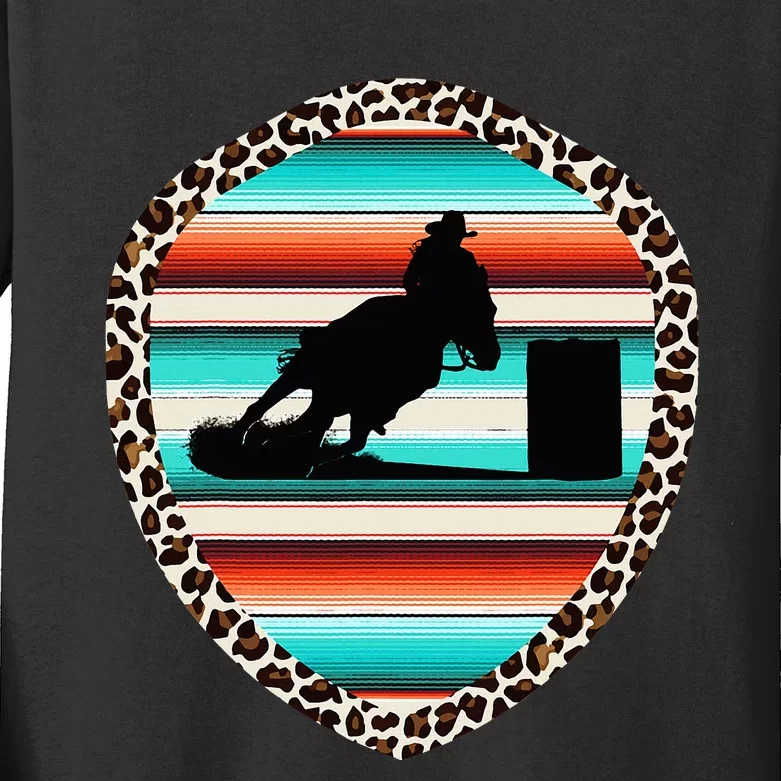 Horse Barrel Racing Serape Leopard Pattern Rodeo Cowgirl Kids Long Sleeve Shirt