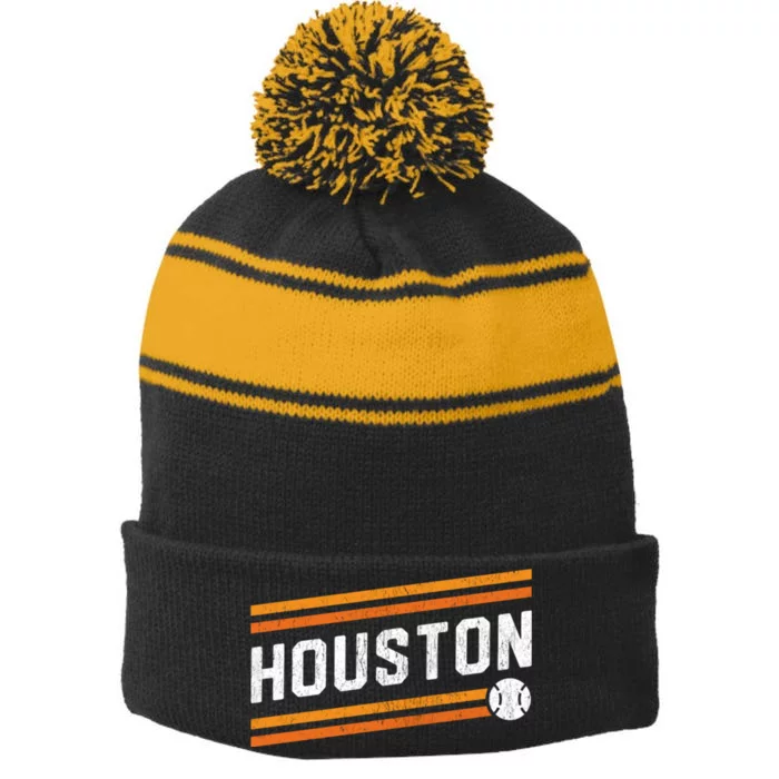 Houston Baseball Retro Vintage Stripe Pom Pom Beanie