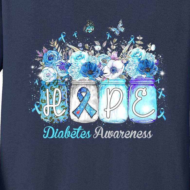 Hope Blue Ribbon Flower Jars Diabetes Awareness Kids Long Sleeve Shirt