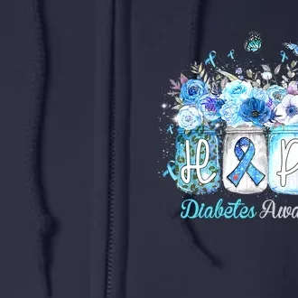 Hope Blue Ribbon Flower Jars Diabetes Awareness Full Zip Hoodie