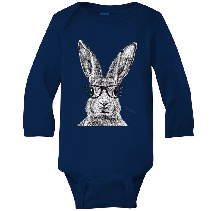 Hipster Bunny Rabbit Wearing Glasses Funny Drawing Baby Long Sleeve Bodysuit