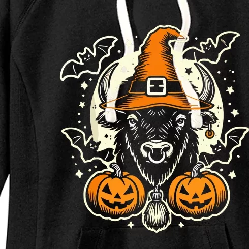 Halloween Bison Spooky Witch Hat And Pumpkins Art Women's Fleece Hoodie