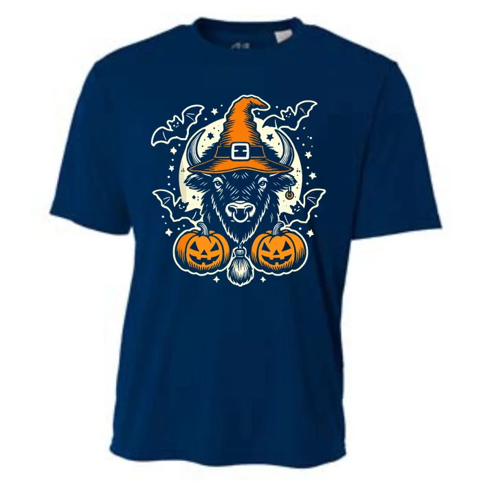 Halloween Bison Spooky Witch Hat And Pumpkins Art Cooling Performance Crew T-Shirt