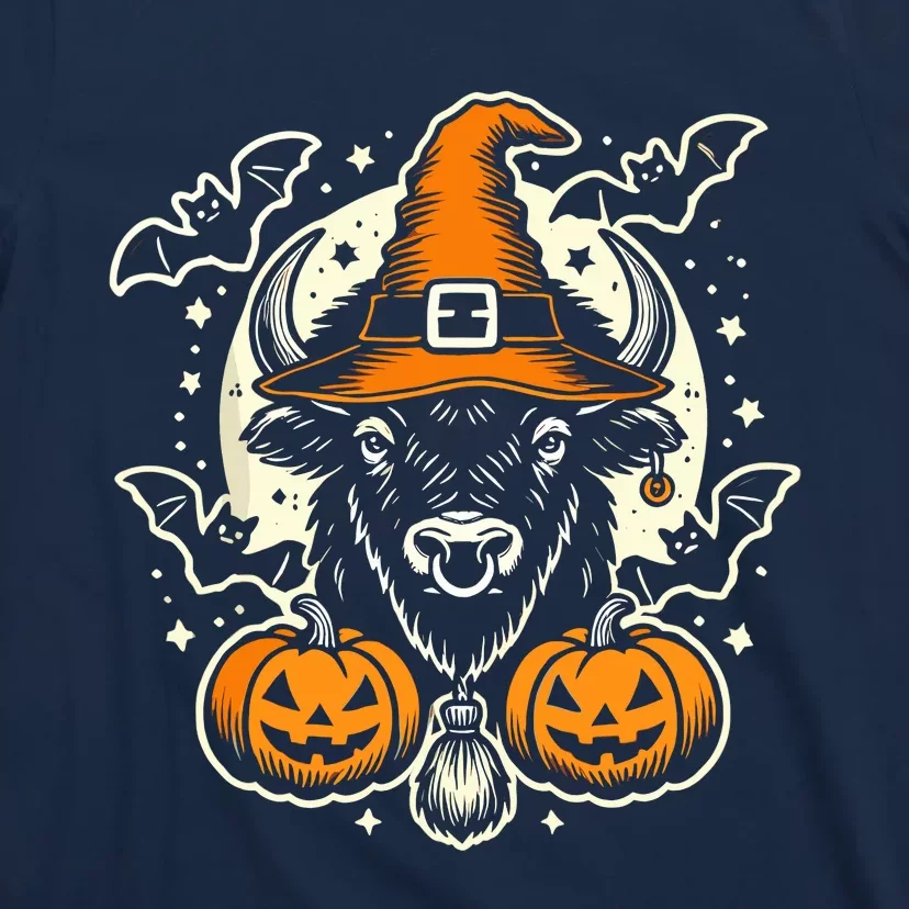 Halloween Bison Spooky Witch Hat And Pumpkins Art T-Shirt