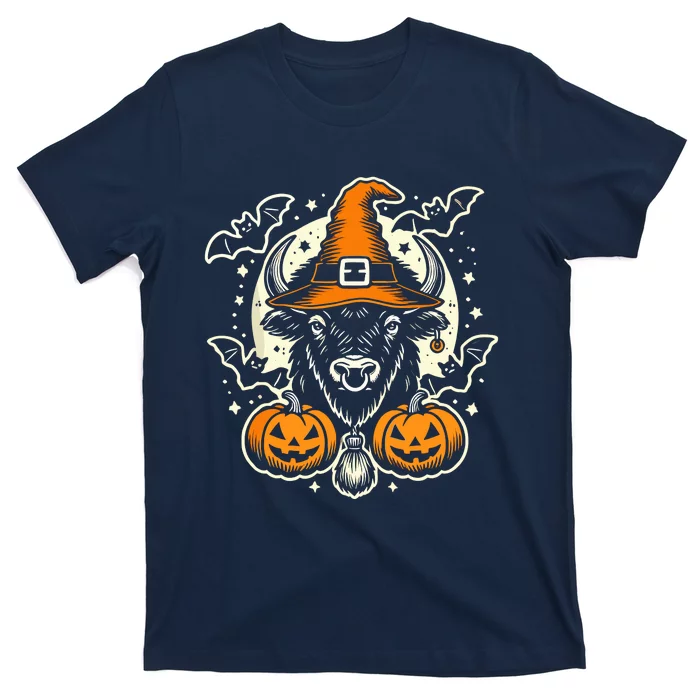 Halloween Bison Spooky Witch Hat And Pumpkins Art T-Shirt