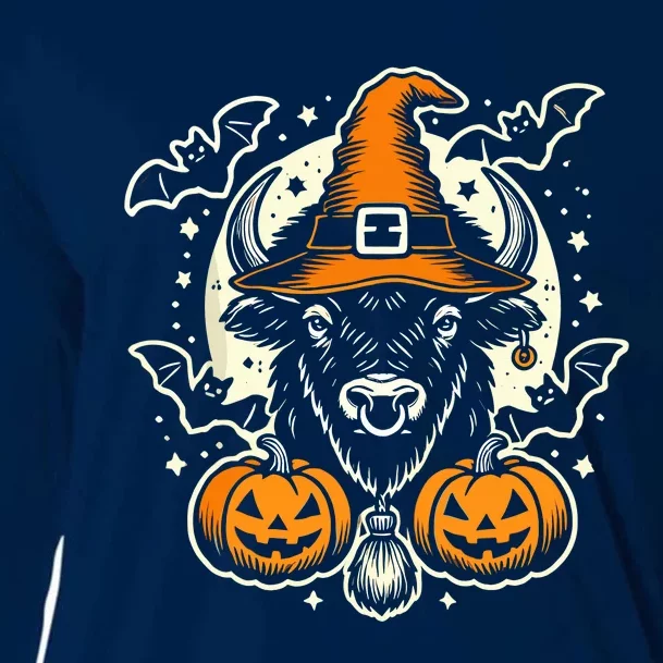 Halloween Bison Spooky Witch Hat And Pumpkins Art Cooling Performance Long Sleeve Crew