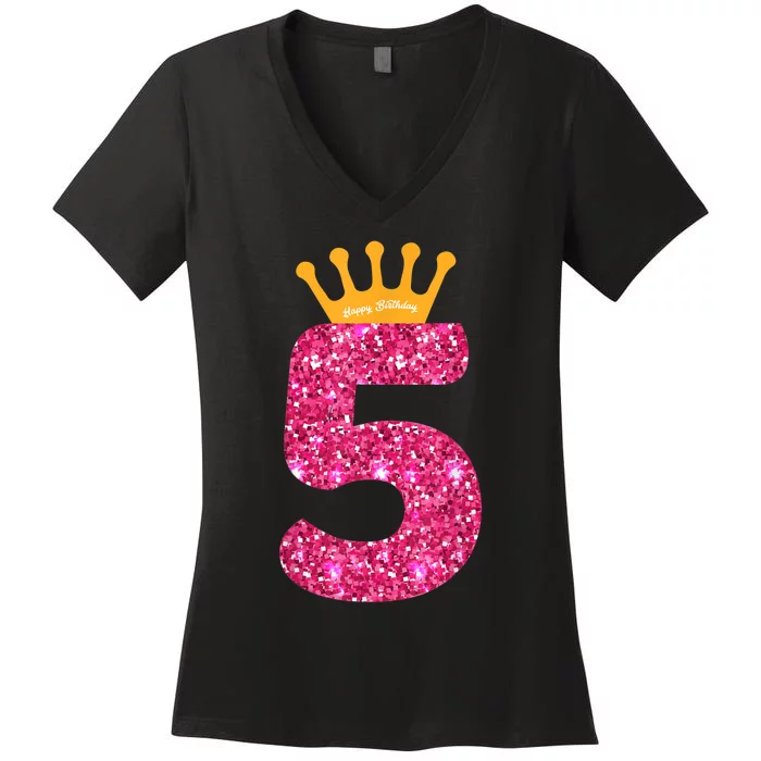 Happy Birthday Shirt, Girls 5th Party 5 Years Old Bday Women's V-Neck T-Shirt