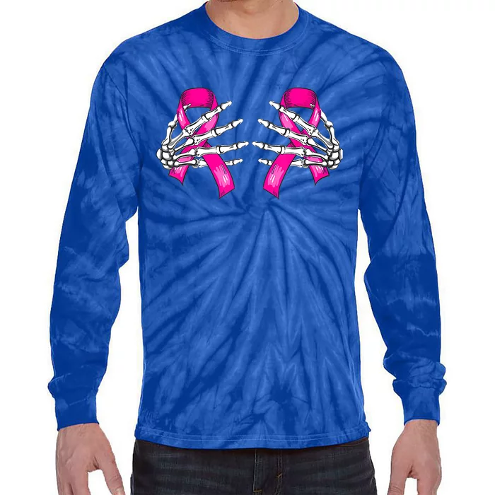 Halloween Boob Skeleton Hand On Breast Cancer Ribbon Tie-Dye Long Sleeve Shirt