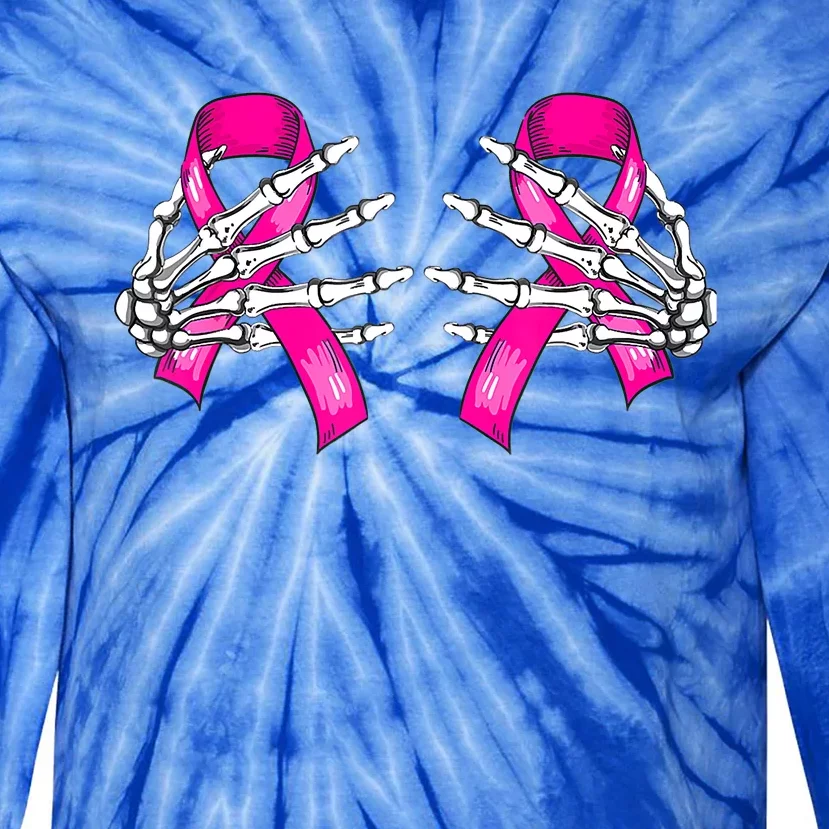 Halloween Boob Skeleton Hand On Breast Cancer Ribbon Tie-Dye Long Sleeve Shirt