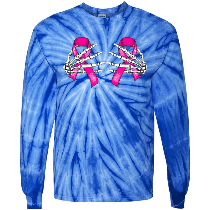 Halloween Boob Skeleton Hand On Breast Cancer Ribbon Tie-Dye Long Sleeve Shirt