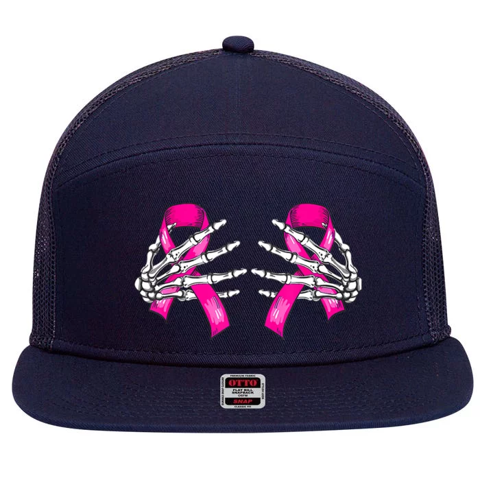 Halloween Boob Skeleton Hand On Breast Cancer Ribbon 7 Panel Mesh Trucker Snapback Hat