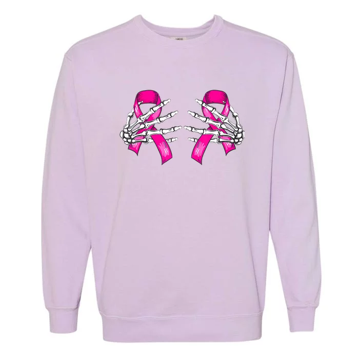 Halloween Boob Skeleton Hand On Breast Cancer Ribbon Garment-Dyed Sweatshirt