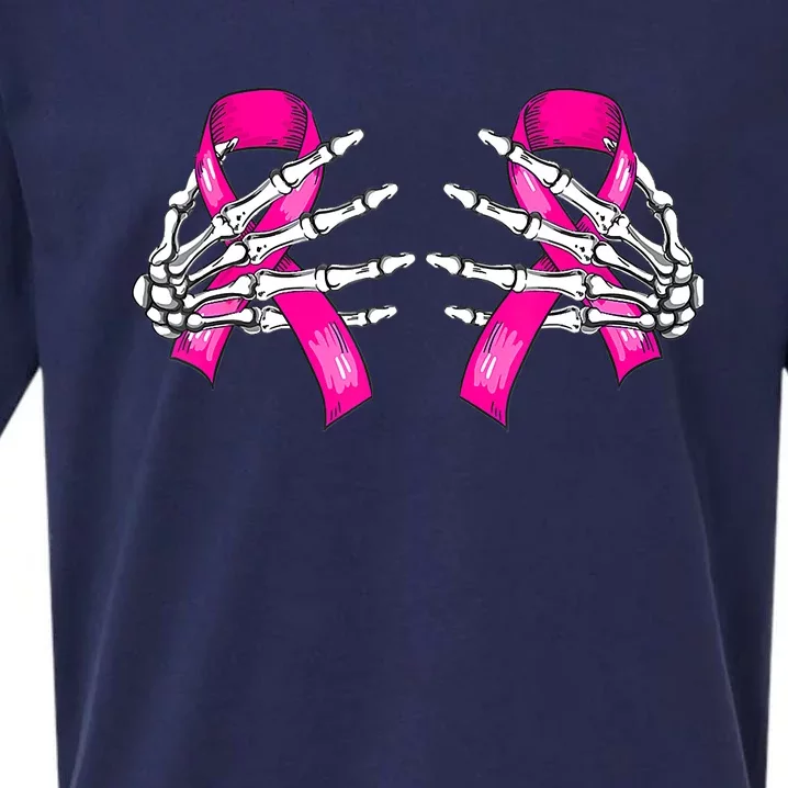 Halloween Boob Skeleton Hand On Breast Cancer Ribbon Sueded Cloud Jersey T-Shirt