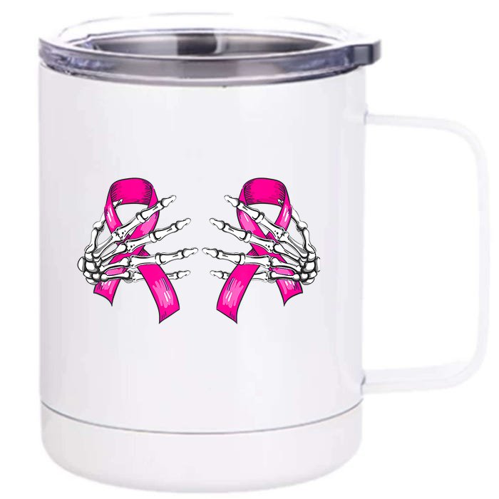 Halloween Boob Skeleton Hand On Breast Cancer Ribbon Front & Back 12oz Stainless Steel Tumbler Cup