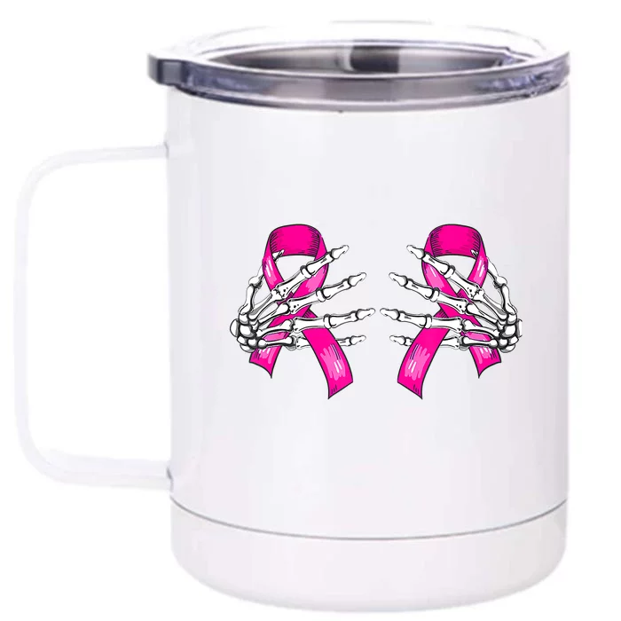 Halloween Boob Skeleton Hand On Breast Cancer Ribbon Front & Back 12oz Stainless Steel Tumbler Cup