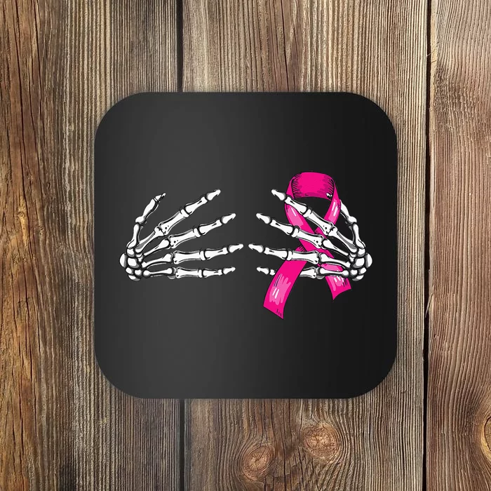 Halloween Boob Skeleton Hand On Breast Cancer Ribbon Coaster