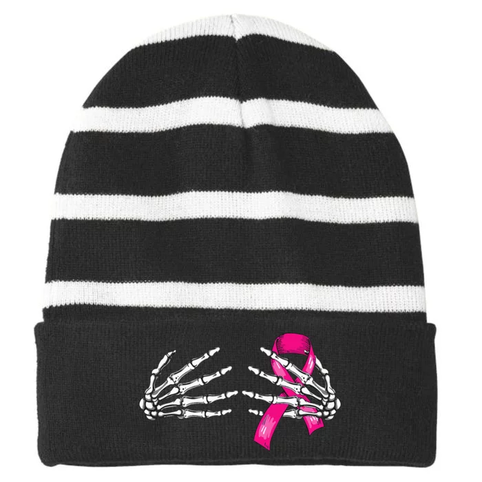 Halloween Boob Skeleton Hand On Breast Cancer Ribbon Striped Beanie with Solid Band