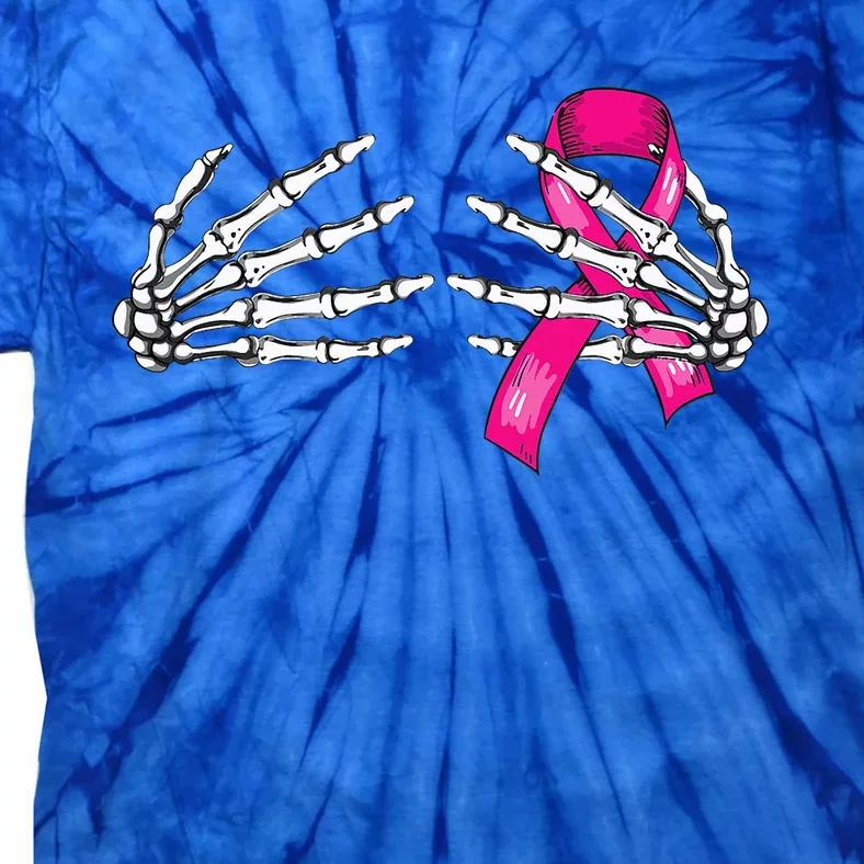 Halloween Boob Skeleton Hand On Breast Cancer Ribbon Tie-Dye T-Shirt