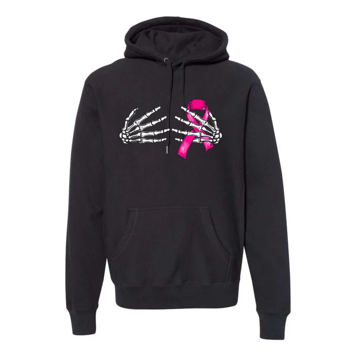 Halloween Boob Skeleton Hand On Breast Cancer Ribbon Premium Hoodie