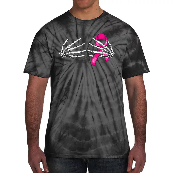 Halloween Boob Skeleton Hand On Breast Cancer Ribbon Tie-Dye T-Shirt