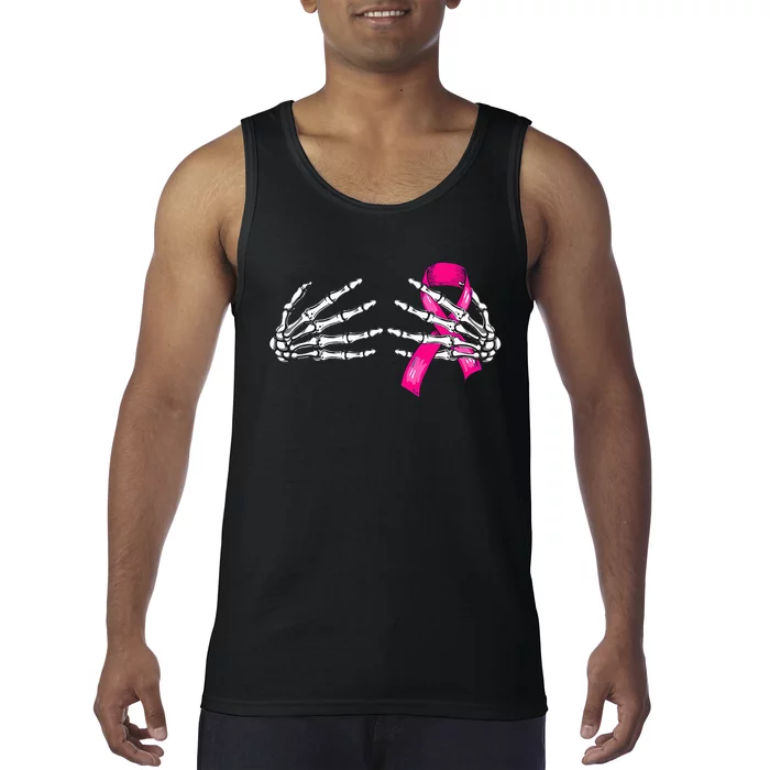 Halloween Boob Skeleton Hand On Breast Cancer Ribbon Tank Top