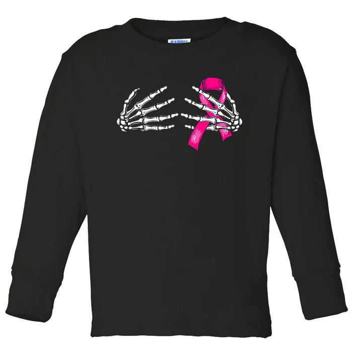 Halloween Boob Skeleton Hand On Breast Cancer Ribbon Toddler Long Sleeve Shirt