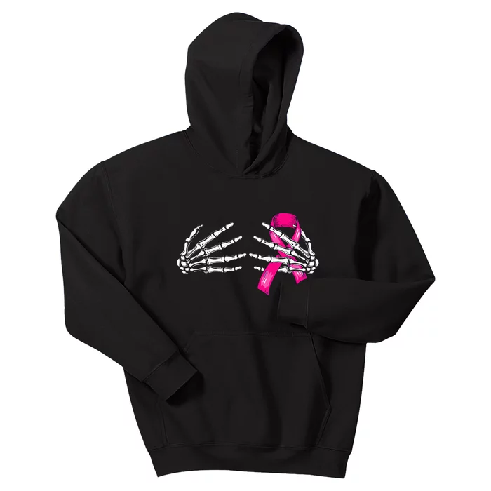 Halloween Boob Skeleton Hand On Breast Cancer Ribbon Kids Hoodie