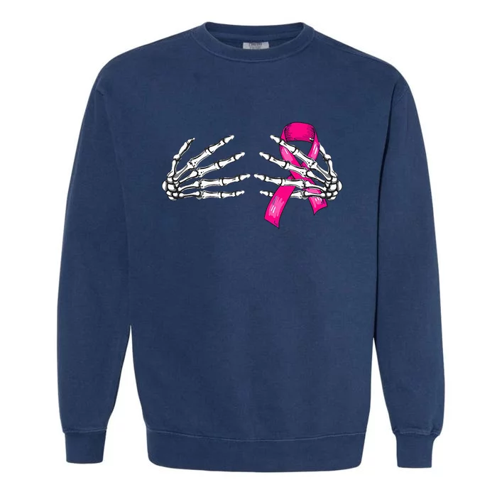 Halloween Boob Skeleton Hand On Breast Cancer Ribbon Garment-Dyed Sweatshirt