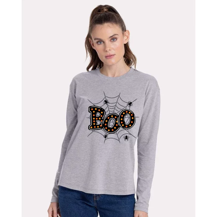 Halloween Boo Spider Web Spooky Season Womens Cotton Relaxed Long Sleeve T-Shirt