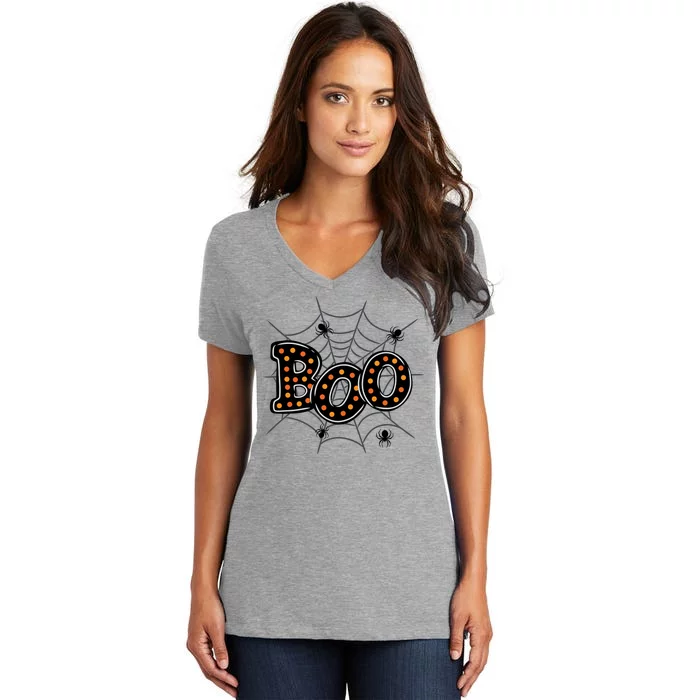 Halloween Boo Spider Web Spooky Season Women's V-Neck T-Shirt