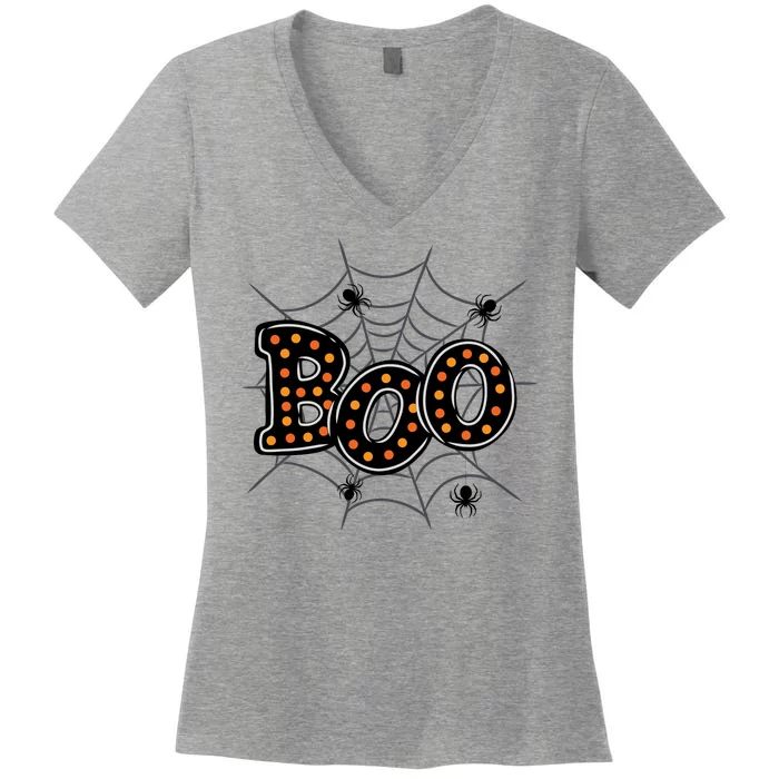 Halloween Boo Spider Web Spooky Season Women's V-Neck T-Shirt