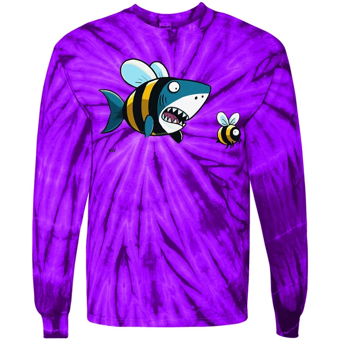 Happy Bumblebee Shark Swimming With A Cautious Bee Tie-Dye Long Sleeve Shirt