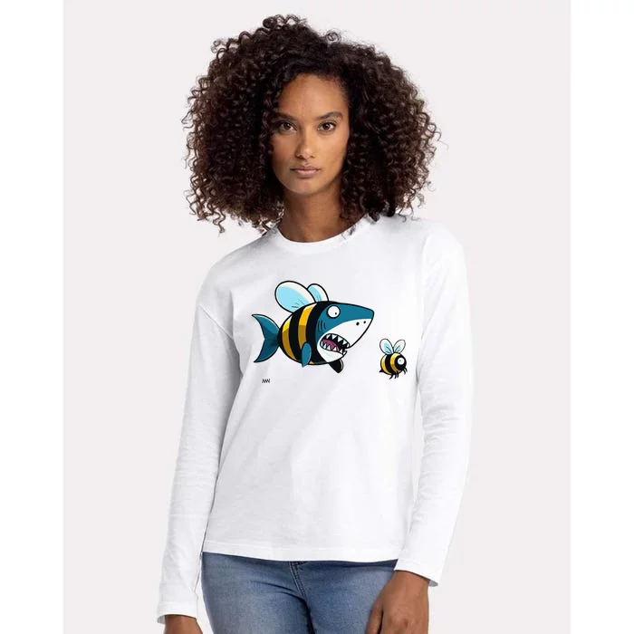 Happy Bumblebee Shark Swimming With A Cautious Bee Womens Cotton Relaxed Long Sleeve T-Shirt