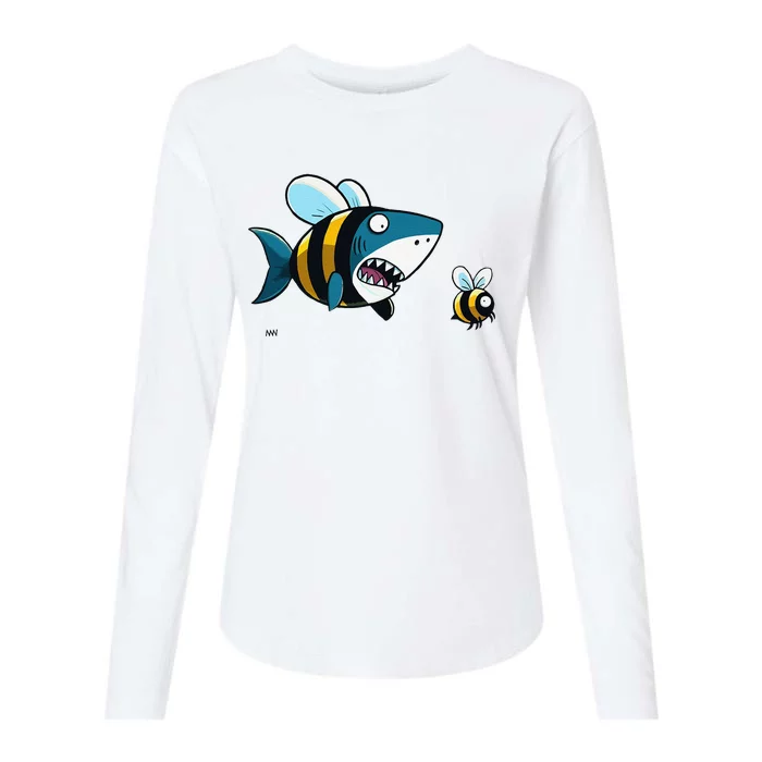 Happy Bumblebee Shark Swimming With A Cautious Bee Womens Cotton Relaxed Long Sleeve T-Shirt