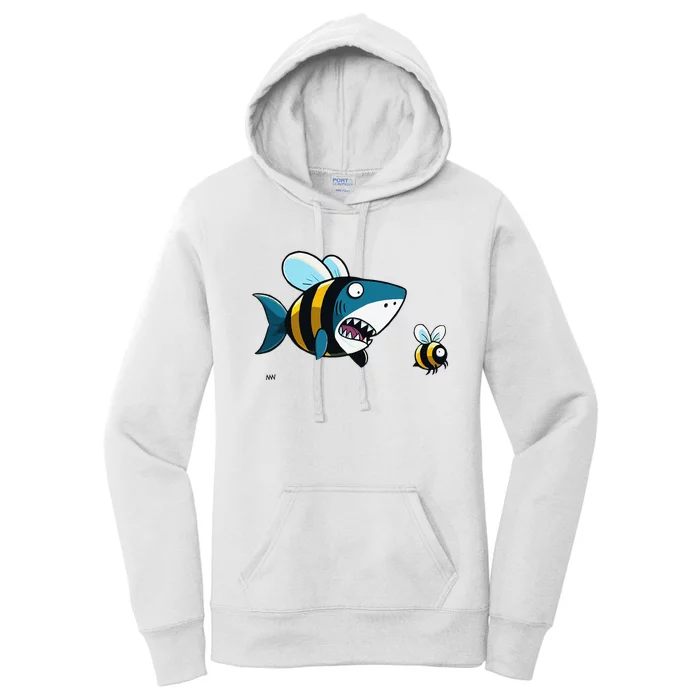 Happy Bumblebee Shark Swimming With A Cautious Bee Women's Pullover Hoodie