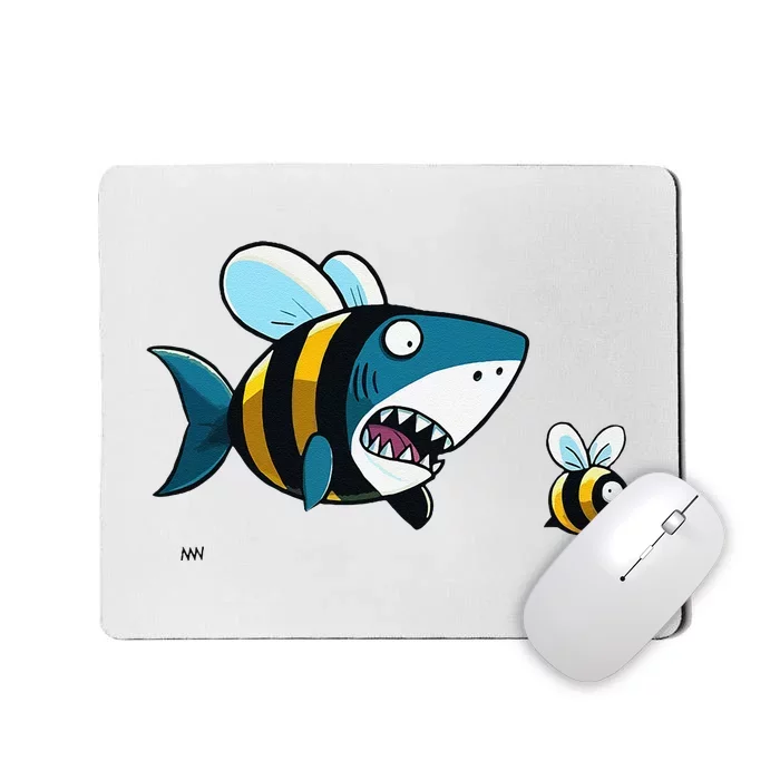 Happy Bumblebee Shark Swimming With A Cautious Bee Mousepad