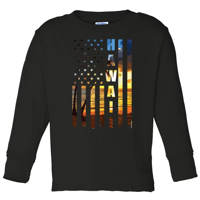 Hawaii Beach Sunset American Flag Hawaiian Island Trip Toddler Long Sleeve Shirt