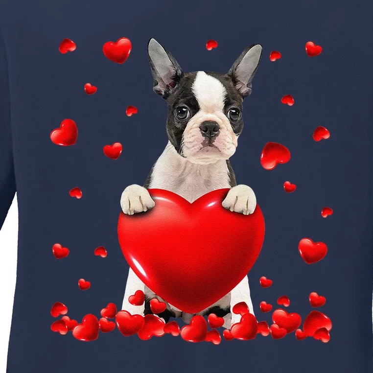 Heart Boston Terrier Dog Lover Christmas Valentines Day Ladies Long Sleeve Shirt