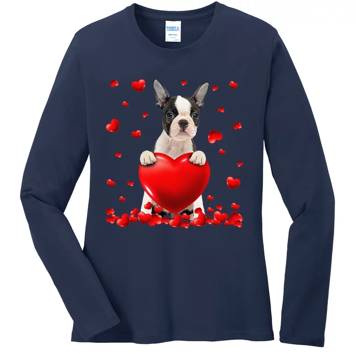 Heart Boston Terrier Dog Lover Christmas Valentines Day Ladies Long Sleeve Shirt