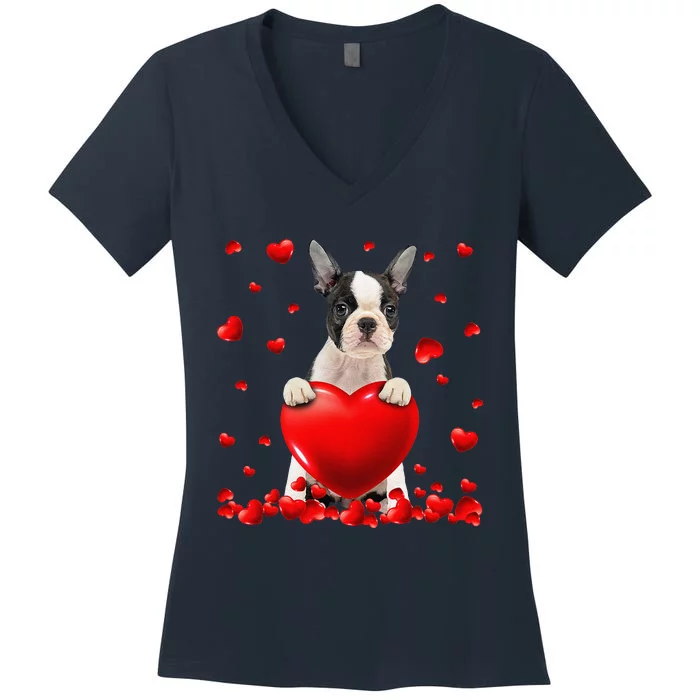 Heart Boston Terrier Dog Lover Christmas Valentines Day Women's V-Neck T-Shirt