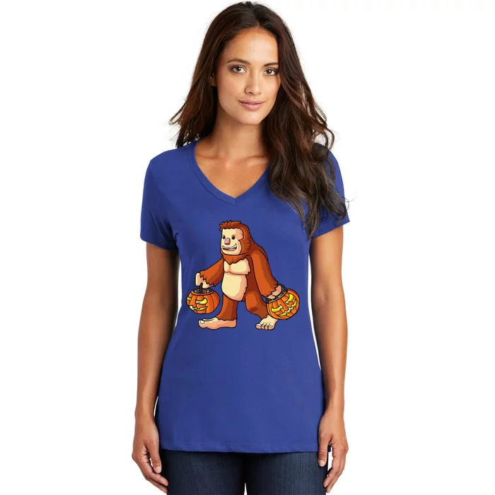 Halloween Bigfoot Trick Or Treat Pumpkin Tee Women's V-Neck T-Shirt