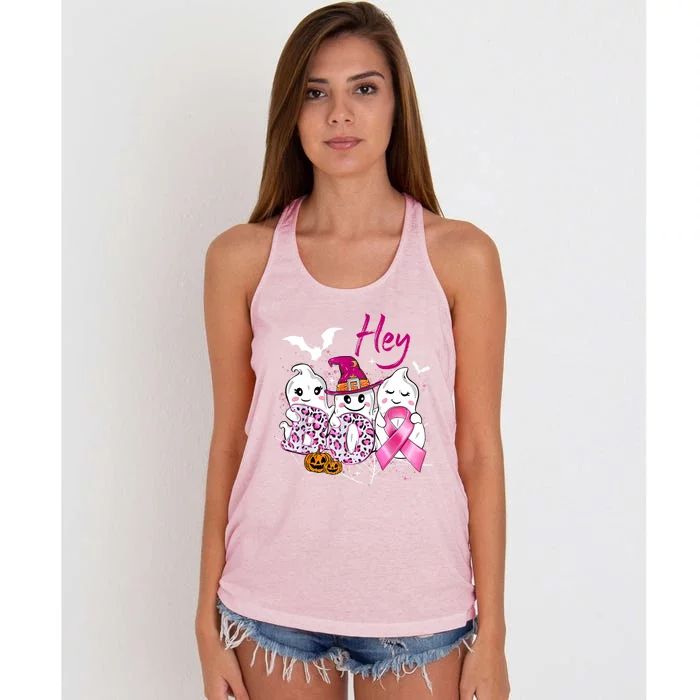 Hey Boo We Wear Cute Ghost Pink Breast Cancer Awareness Gift Women's Knotted Racerback Tank