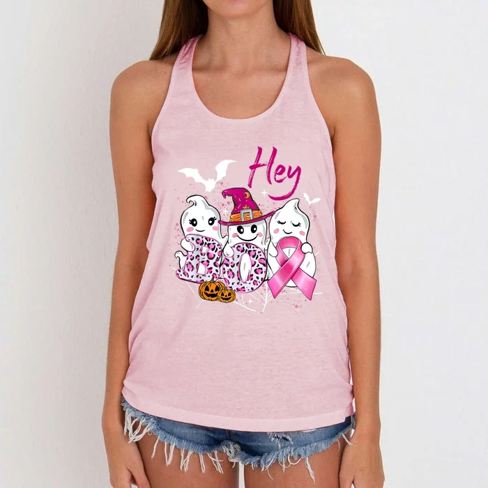 Hey Boo We Wear Cute Ghost Pink Breast Cancer Awareness Gift Women's Knotted Racerback Tank