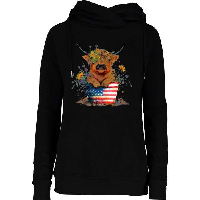 Highland Cow 4th Of July America Flag Patriotic Cow Gift Womens Funnel Neck Pullover Hood