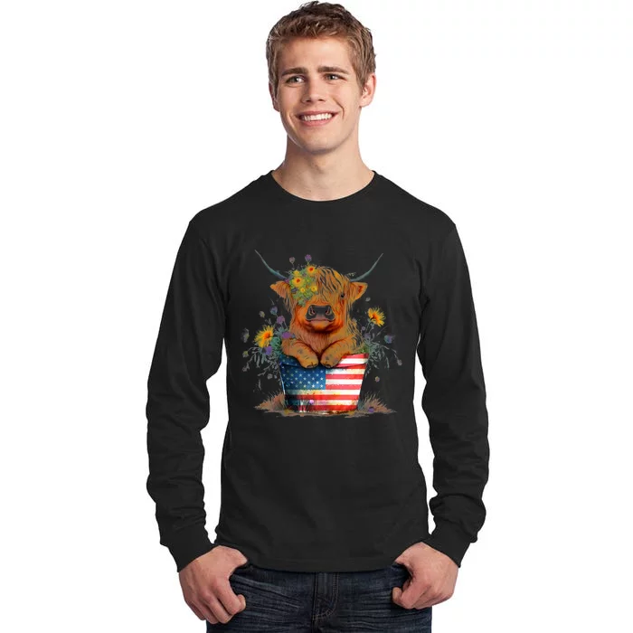 Highland Cow 4th Of July America Flag Patriotic Cow Gift Tall Long Sleeve T-Shirt