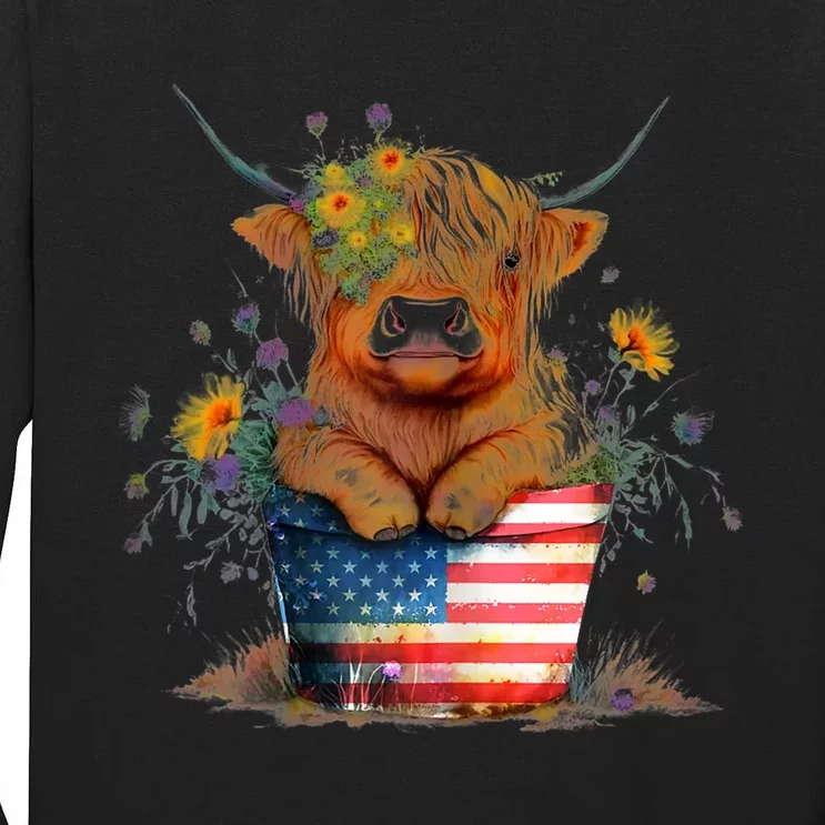 Highland Cow 4th Of July America Flag Patriotic Cow Gift Tall Long Sleeve T-Shirt