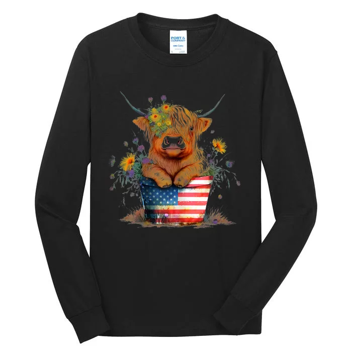 Highland Cow 4th Of July America Flag Patriotic Cow Gift Tall Long Sleeve T-Shirt