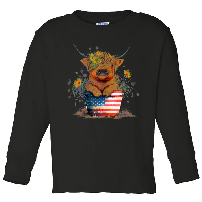 Highland Cow 4th Of July America Flag Patriotic Cow Gift Toddler Long Sleeve Shirt