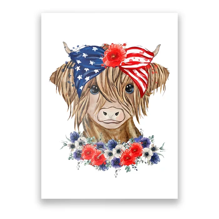 Highland Cow 4th Of July American Flag Independence Day Poster