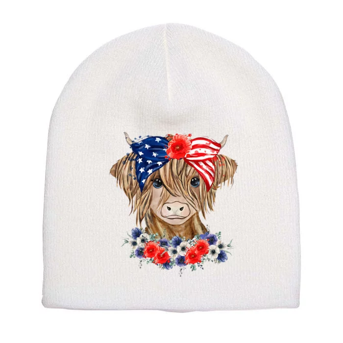 Highland Cow 4th Of July American Flag Independence Day Short Acrylic Beanie